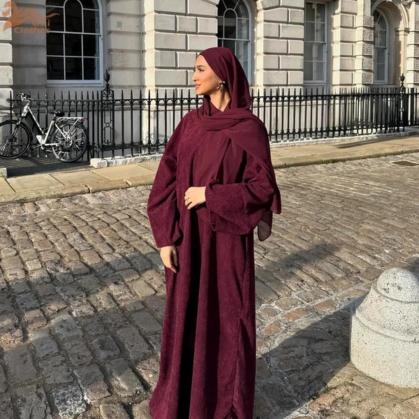 Uni Muslim Autumn Winter Corduroy Modest Abaya Turkish Islamic Clothing Jalabiyat Long Sleeve Casual Loose Moroccan Kaftan