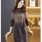 Elegant Stand Collar All-match Gradient Knitted Dress Women's Clothing Autumn Winter New Loose Office Lady Midi Dress