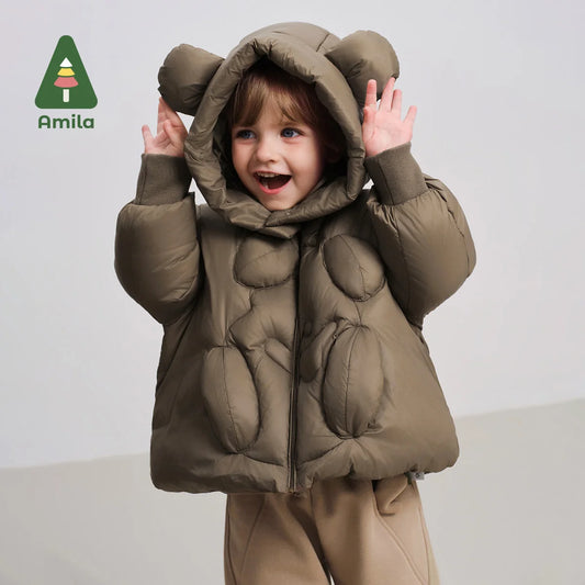 Amila Baby Down Jacket 2025 Winter New Style Boys And Girls Solid Color Bear Hooded Basic Warm Loose Casual Children’s Jacket