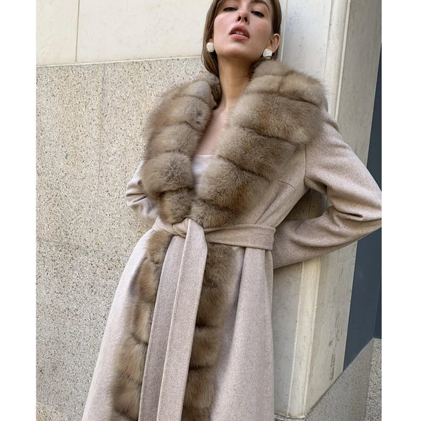 Real Fox Fur Coat New Cashmere Coat Women Luxury Winter Wool Blends Long Jacket Natural Fox Fur Collar