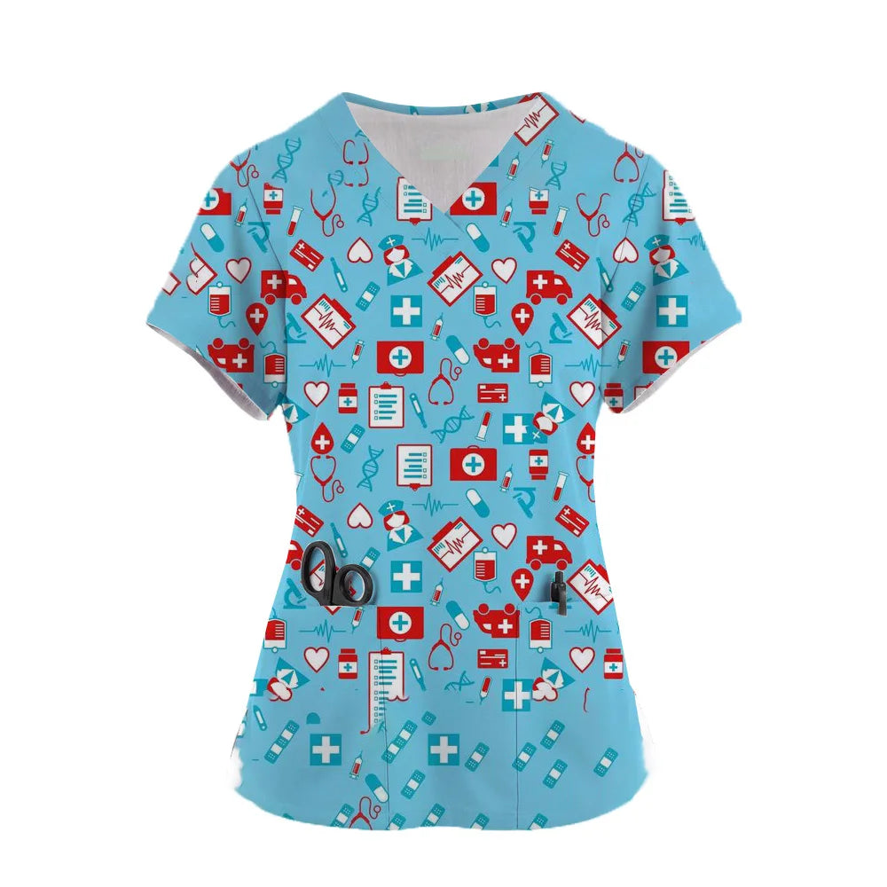 Dental Hospital Workwear Nursing Frosted V-Neck Top Prints Pocket Design High-Quality Doctor Surgical Uniform Hospital Accessori