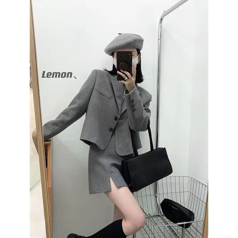 Woolen Suit Women Short Woolen Coat and Skirt Autumn Winter New Retro Korean Fashion Solid Temperament Two-piece Sets Trend