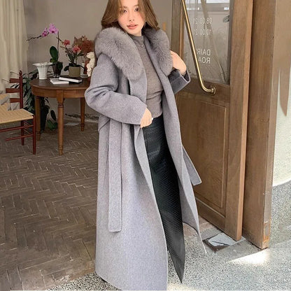 Overcoat 2024 New Fashion Women's Women's Woolen Coat Winter Temperament Large Fur Collar Solid Color Women's Woolen Coat H87