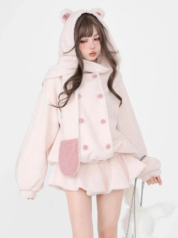 Winter Warm Kawaii Two-piece Set Women Wool Korean Elegant Skirt Suit Japanese Sweet Hooded Coat + Lolita Party Mini Skirt