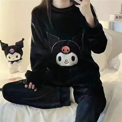 New Sanrio Kuromi Pajama Sets Women Winter Warm Plush Cute Sleepwear Print Pajama Cartoon Home Clothes Valentine'S Day Gift Soft