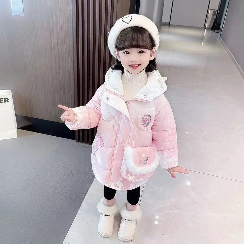 Children's winter girls plus cashmere fashion down jacket Little girl winter foreign style coat  princess send backpack money