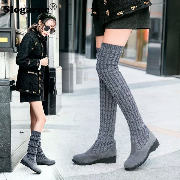 Women's Sock Boots 2025 Spring Autumn Thigh High Boots Woman Knitting Weave Wool Long Boot Over Knee Elastic Boots Wedges Bottes