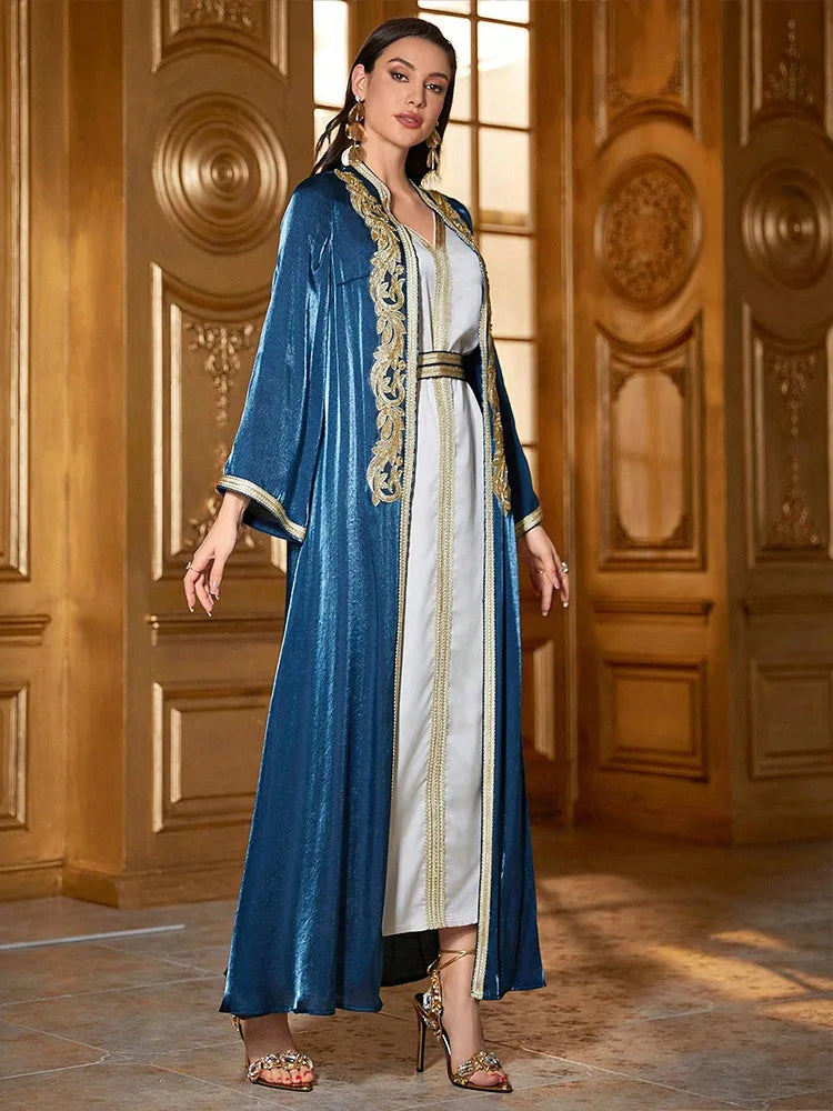 Middle East Autumn Winter Embroidery Abayas Muslim Women 2 Piece Dress Set Marocain Femme Caftan Kimono Jalabiya Kaftan Dubai