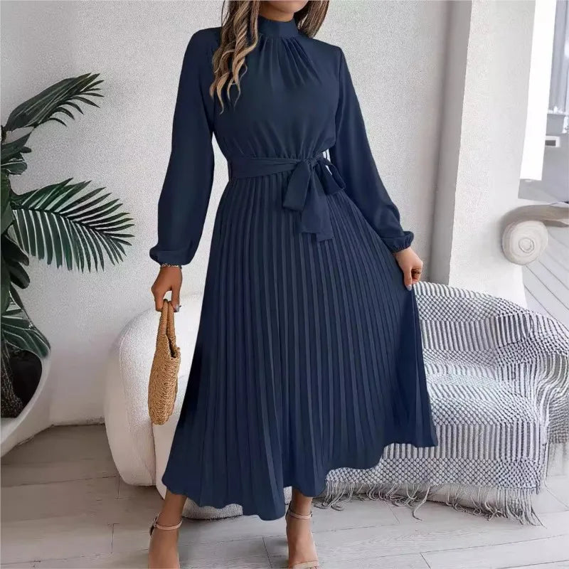 Autumn and winter elegant stand up collar long sleeved waist cinched pleated long skirt small dress women's solid color dress