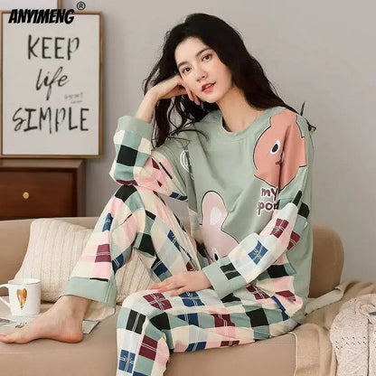 M-5XL Big Size Autumn Spring Pajamas Set for Women Kawaii Printing Sleepwear for Girl Fashion Long Sleeve O-neck Woman's Pijamas