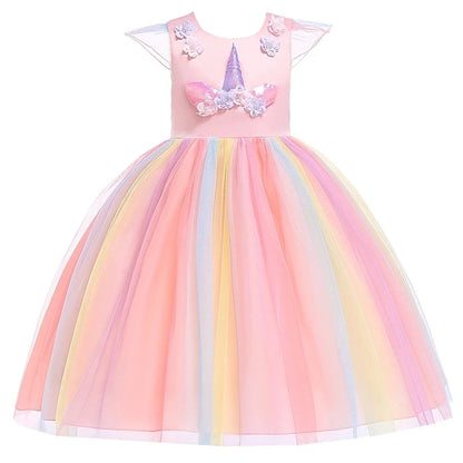 Kids Unicorn Dress for Girls Flower Appliques Ball Gown Elegant Party Costumes Little Girl Princess Dresses Children Clothing