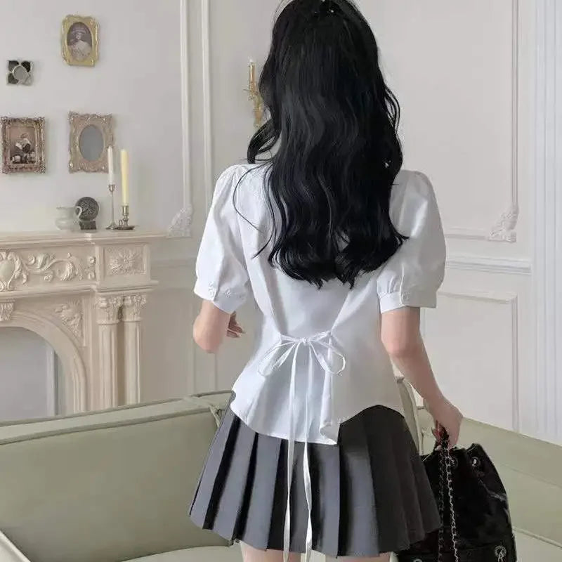 White Bandage Shirt Women Slim Long Sleeve Cute Top School Uniform Basic Blouse Female Polo Neck