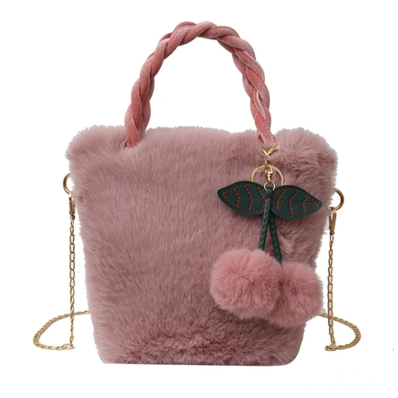 Cute Cherry Plush Bag Handbag Korean INS Autumn Winter Versatile Shoulder Bag Fashion Plush Crossbody Bag Ladies Chain Bag