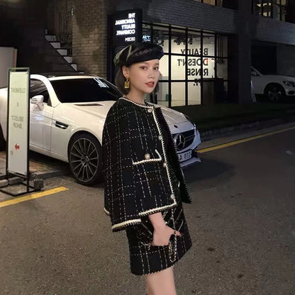 Women Fried Street Tweed Suit New Spring Autumn Wool Jacket + Skirt Female Fashion Loose Tweed Skirts Two-Piece Set