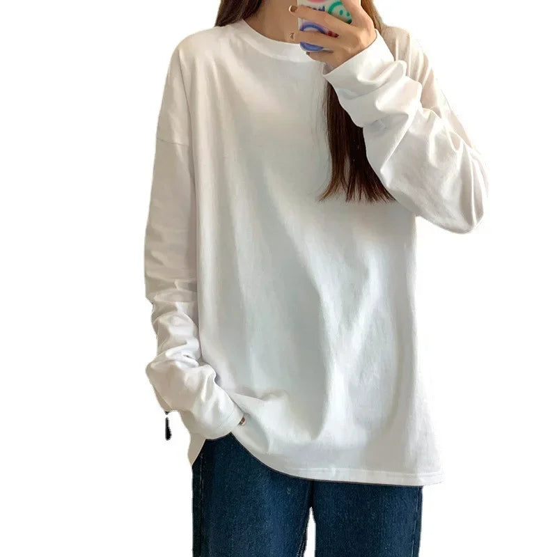 Trendy White Base Layer Long Sleeve T-shirt Women's Loose Fit Crew Neck Autumn New Style Student Top