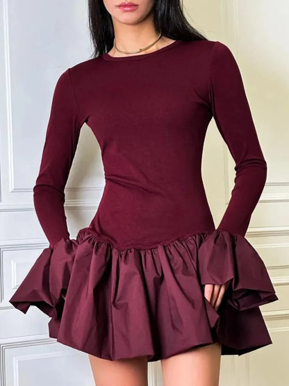 Trendix Long Sleeve Patchwork Ruffle Mini Dress Women Fashion Slim High Waist Party Dresses Vacation Casual Party Burgundy Dress