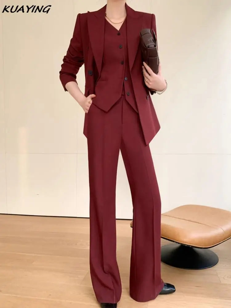 Korean Fashion Burgundy Business Blazer 3 Pieces Set Elegant Casual Jackets Coat Sleeveless Vest + Pant Suit Female Clothes New