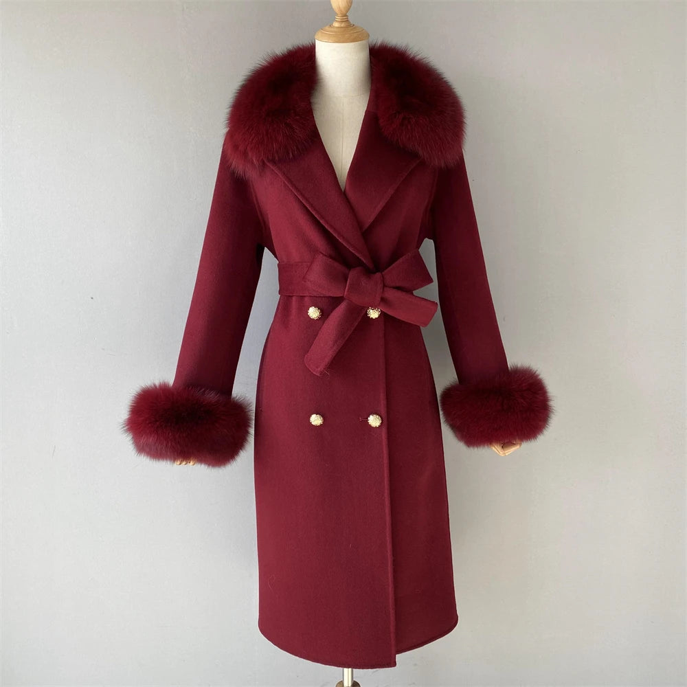 Women's Cashmere Wool Coat Spring Real Fox Fur Collar Woolen Trench Jacket Winter Adjustable Waist Slim Ladies Long Overcoat