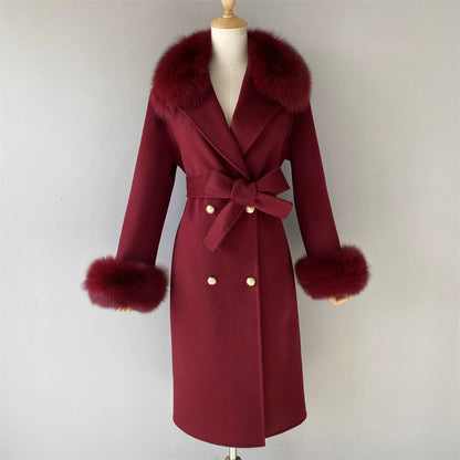 Women's Cashmere Wool Coat Spring Real Fox Fur Collar Woolen Trench Jacket Winter Adjustable Waist Slim Ladies Long Overcoat