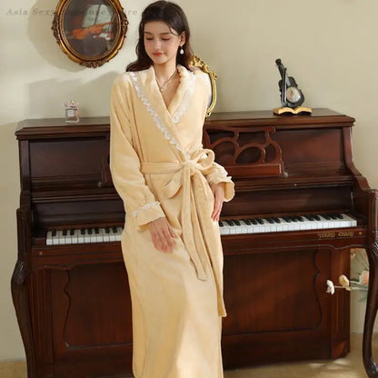 Thickened Flannel Robe Nightgown Women's Autumn Winter Princess Long Bathrobe French Luxury Warm Homewear Bride's Morning Gown