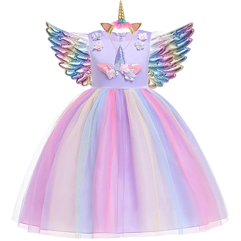 Kids Unicorn Dress for Girls Flower Appliques Ball Gown Elegant Party Costumes Little Girl Princess Dresses Children Clothing