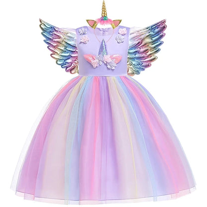 Kids Unicorn Dress for Girls Flower Appliques Ball Gown Elegant Party Costumes Little Girl Princess Dresses Children Clothing