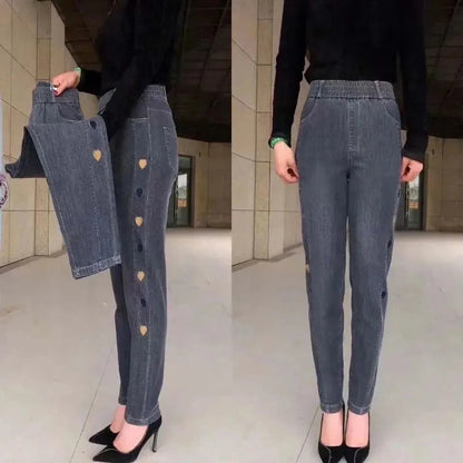 WinterEmbroidery Jeans Women's  Elastic High Waist Jeans 5XL FashionWomen Black Blue Pocket Mom Jeans Skinny Stretch Pants Women