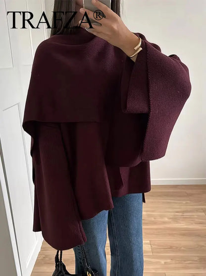 TRAFZA Fashion Burgundy Scarf Collar Woolen Coat For Women Autumn Elegant Long Sleeve Loose Jacket Lady Chic Casual Outwear