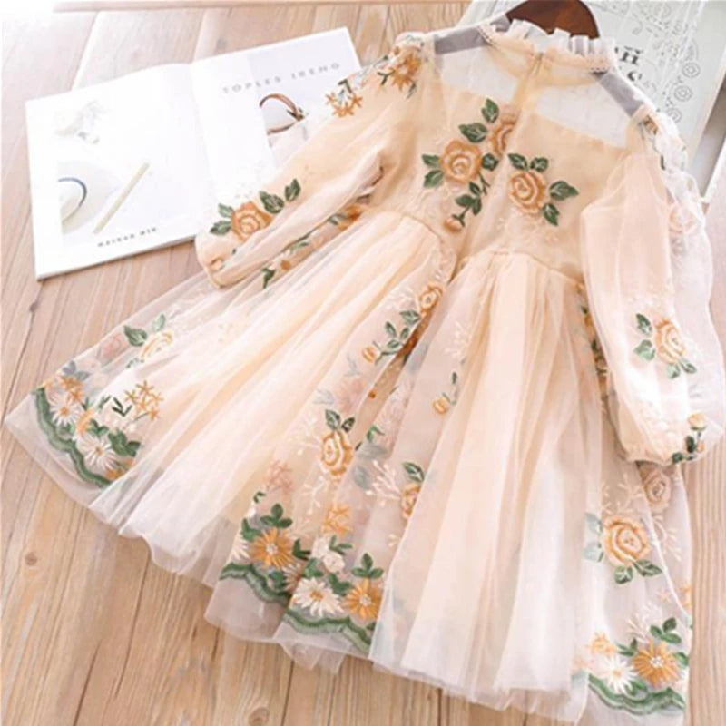 Little Girls Autumn Full Sleeves Dress for Children Party Kids Casual Dress Pink Floral Embroidery Dresses Princess Wear Vestido