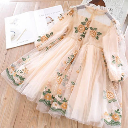 Little Girls Autumn Full Sleeves Dress for Children Party Kids Casual Dress Pink Floral Embroidery Dresses Princess Wear Vestido