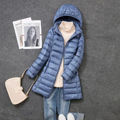 2025 Women Spring Jacket Ultralight Thin Packable Down Long Jacket  Female Hat Detachable Slim Fit Skirt Coat Portable Outwear