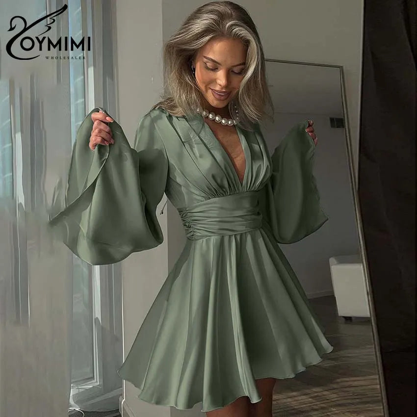 Oymimi Fashion Green Satin Women's Dress Elegant Deep V-Neck Long Sleeve Dresses Autumn High Waist Pleated Mini Dresses Female