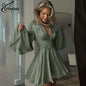 Oymimi Fashion Green Satin Women's Dress Elegant Deep V-Neck Long Sleeve Dresses Autumn High Waist Pleated Mini Dresses Female