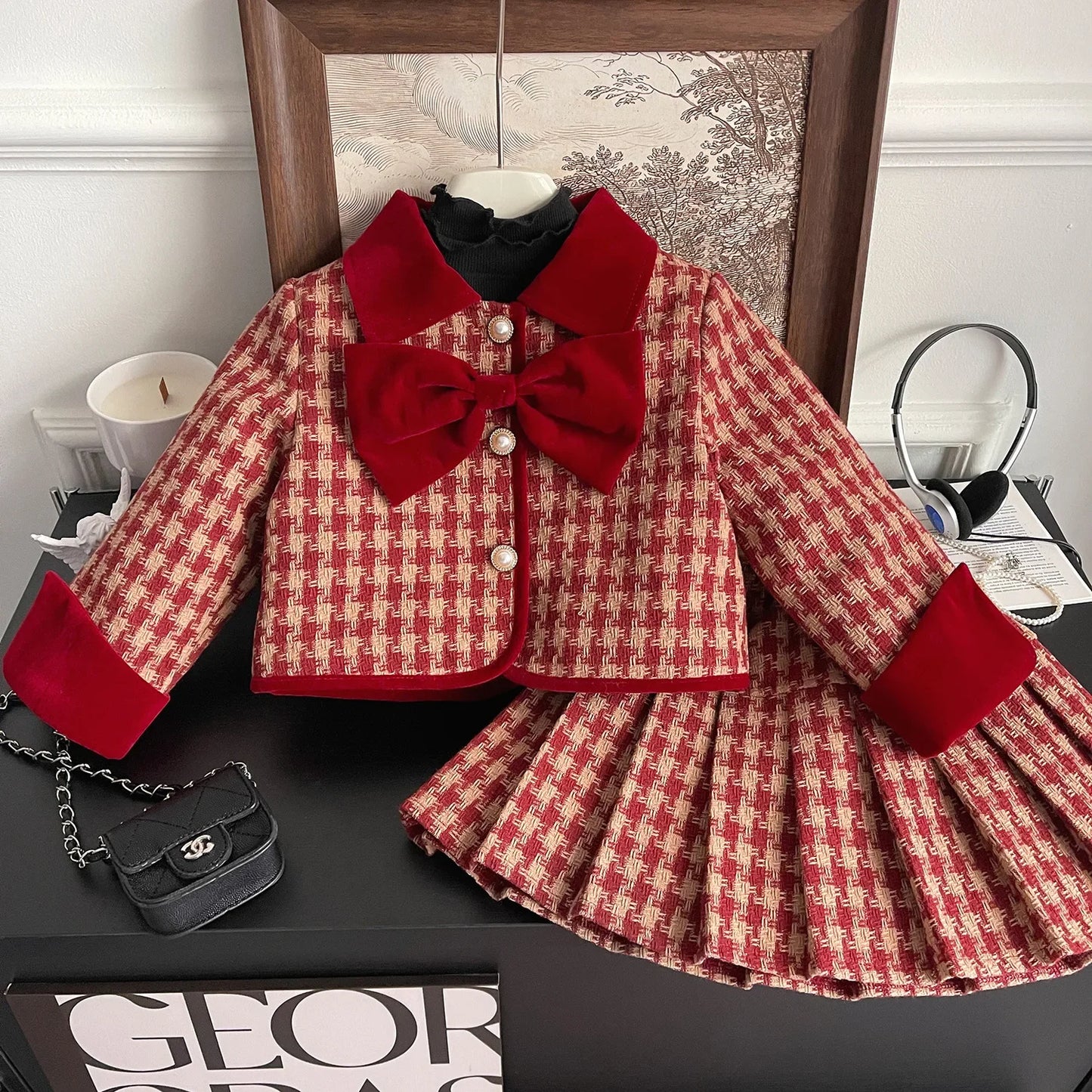 2025 Winter New Korean Edition Girls Red Grid Bow Set Baby Cotton Two Piece Set Toddler Girl Designable Gentle Clothes