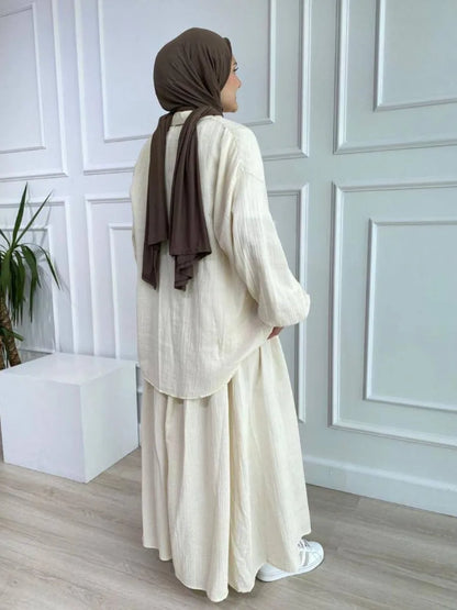 Muslim Two Piece Sets Shirt & Skirt Women Ramadan Eid Suits Shirt Blouse Musulman Ensembles Moroccan Kaftan Islamic Outfits Sets