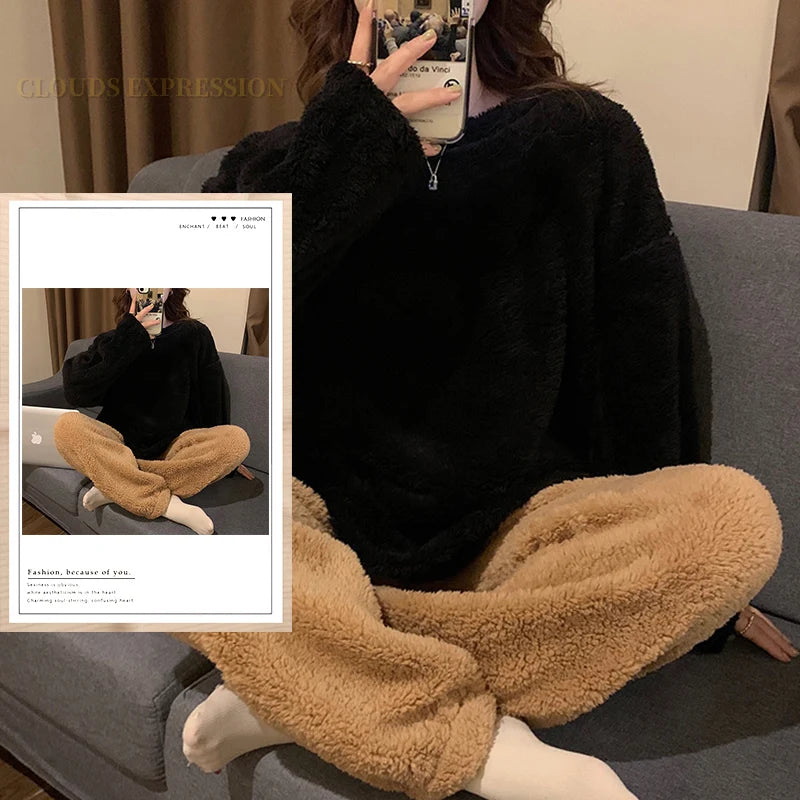 Winter Thermal Fleece Solid Women's Pajama Sets Pyjamas Warm Plush Pjs Loung Sleepwear Girls Pijama Mujer Night Suits Homewear