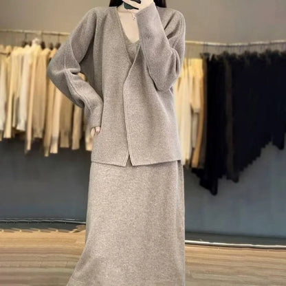 New Autumn Winter Cashmere Two Piece Sets Women Fashion Solid Color Long Sleeve Cardigan Coat + V-neck Sling Dress Elegant Suit