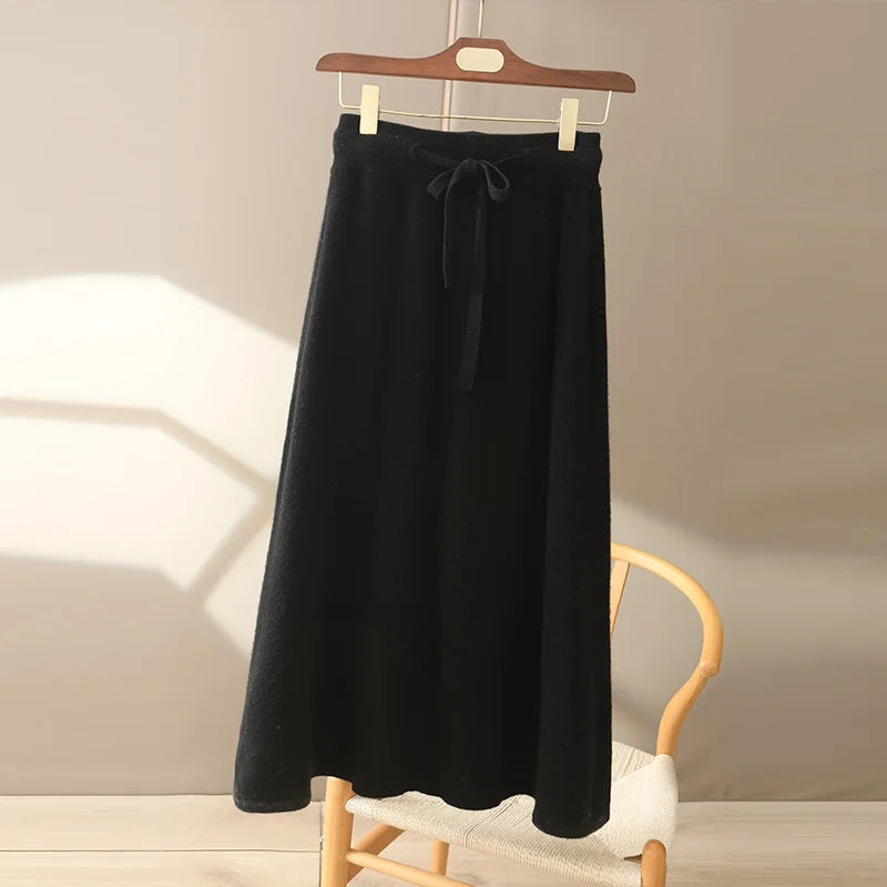 Autumn And Winter100% Pure Wool Skirt Women's Long Pocket Small A Skirt High Waist Slim Cashmere Knit A-Line Skirt