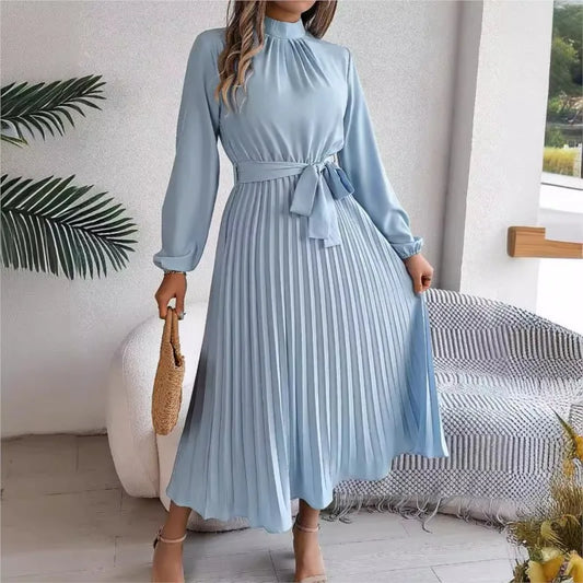 Autumn and winter elegant stand up collar long sleeved waist cinched pleated long skirt small dress women's solid color dress