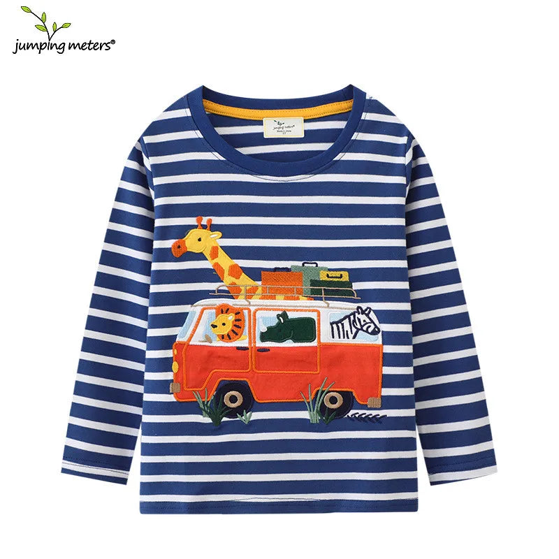 Jumping Meters 2-7T Striped Kids Blouse Cartoon Boys Tshirts Autumn Winter Children's Clothes Long Sleeve Kids Tops