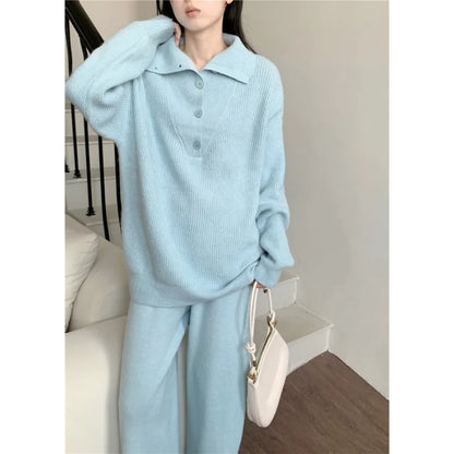 Women Elegant Cashmere Pants Suit for Autumn Winter New Fashion Lapel Sweater Suit Knitwear Casual Pants Female Two-piece Sets