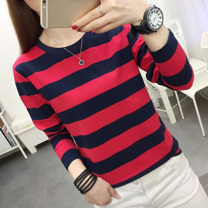 Autumn Loose Pure Cotton Long Sleeve T-shirt Women Clothing Middle-aged Mom Base Shirt Striped Top