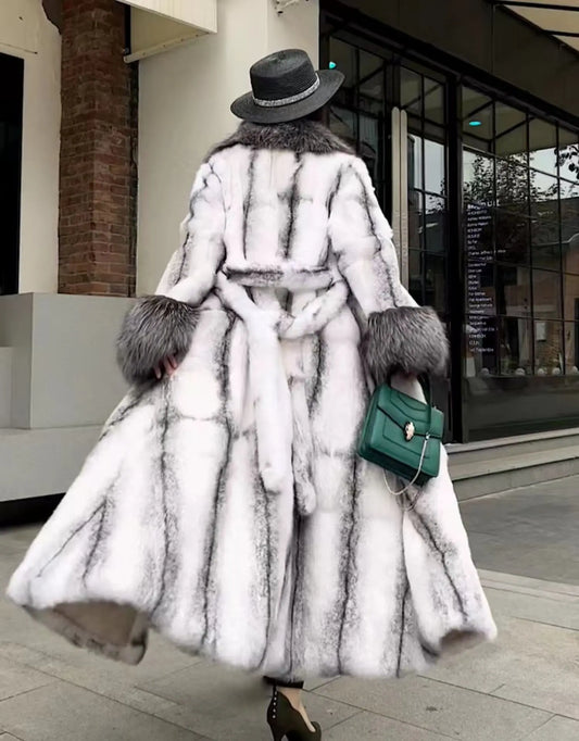 Luxury Real genuine natural rabbit fur coat with fox fur collar fox fur cuff women's fashion