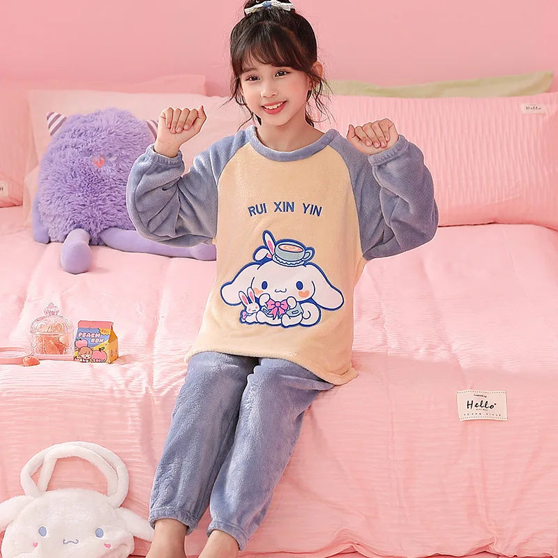 Miniso 2025 Winter Pajamas Sets Children Flannel Warm Sleepwear Kawaii Anime Cartoon Boy Girl Pijama Suit Autumn Kids Loungewear