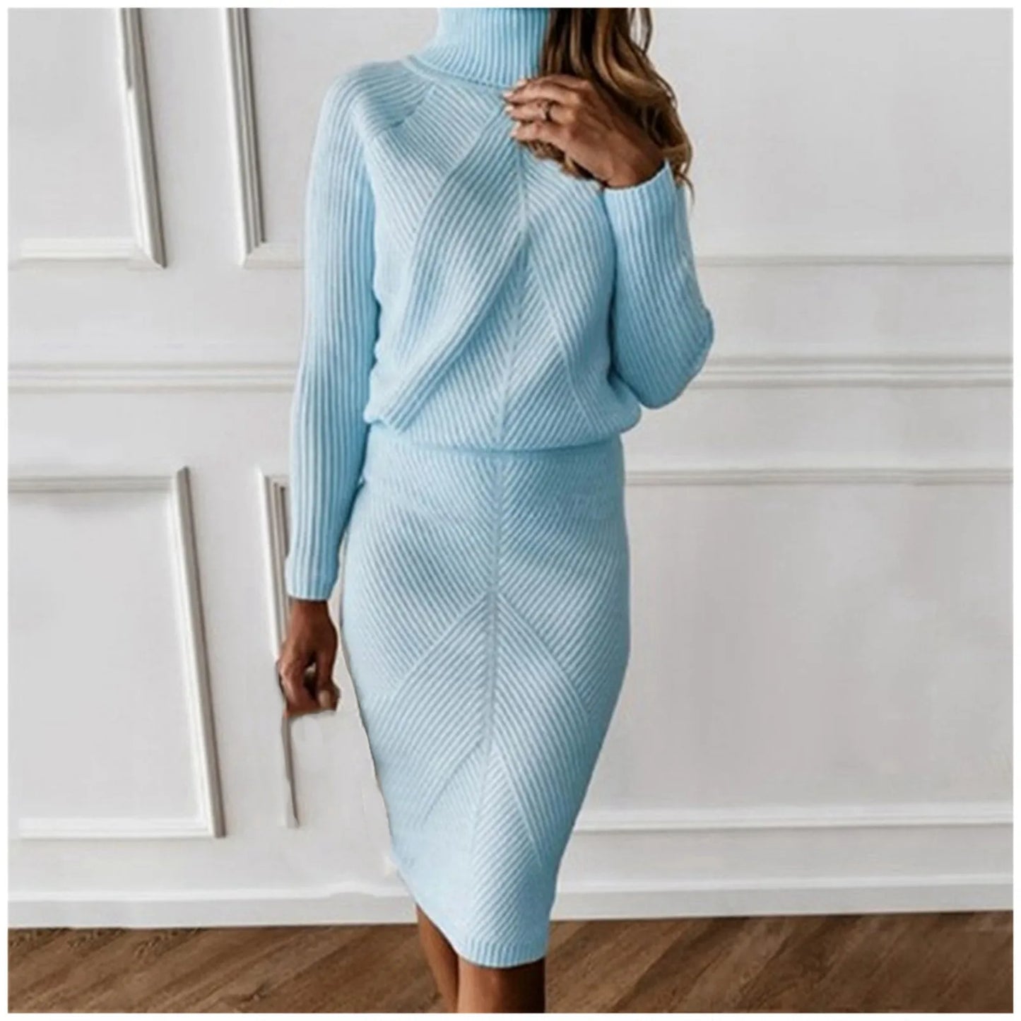 Winter Elegant Women'S Sets Korean Large Knitted Turtleneck Y2k Pencil Skirt Sets 2 Piece Outfit Office New In Matching Sets