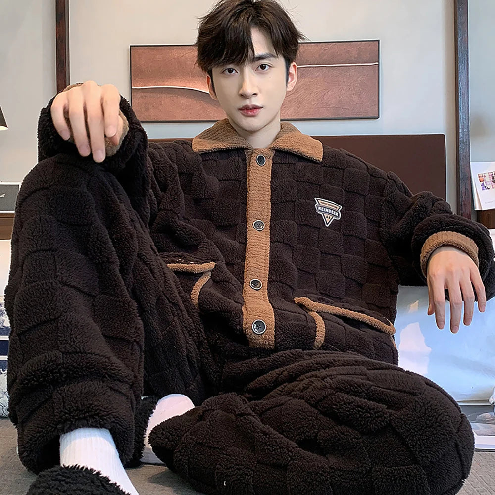 Antistatic Coral Fleece Men's Winter Pajamas Set Thicken Flannel Warm Sleepwear Big Size 3XL Zipper Soft Pajama Men pyjama homme