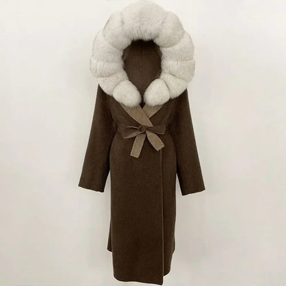 Real Natural Fox Fur Coat Winter Hooded Detachable Collar Fur Jacket Long Woolen Jacket Women Double-faced Casual Overwears