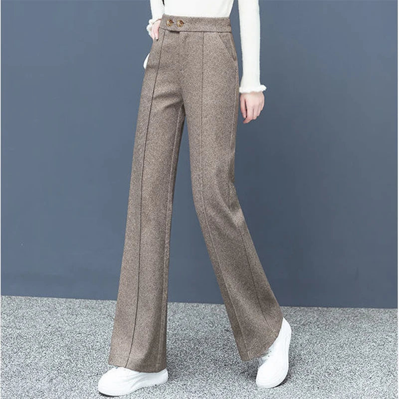 Big Size Thick Wool Blend Straight Pants Korean style Woolen Wide Leg Pants Womens Winter Casual New High Waist Loose Trousers