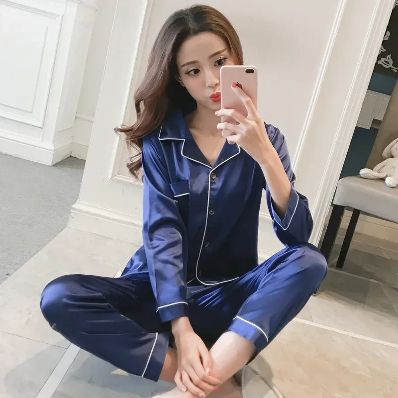 Silk Pajamas for Women Sexy Silk Women Pijama Sets Sleepwear Long-sleeve Cardigan Female Ice Silk Home Pijama Mujer Verano