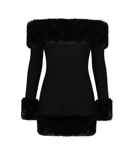 Backless One-piece Collar Long Sleeved Patchwork Fur Dress For Women Tailored Black Off Shoulder Dresses Ladies Party Vestidos